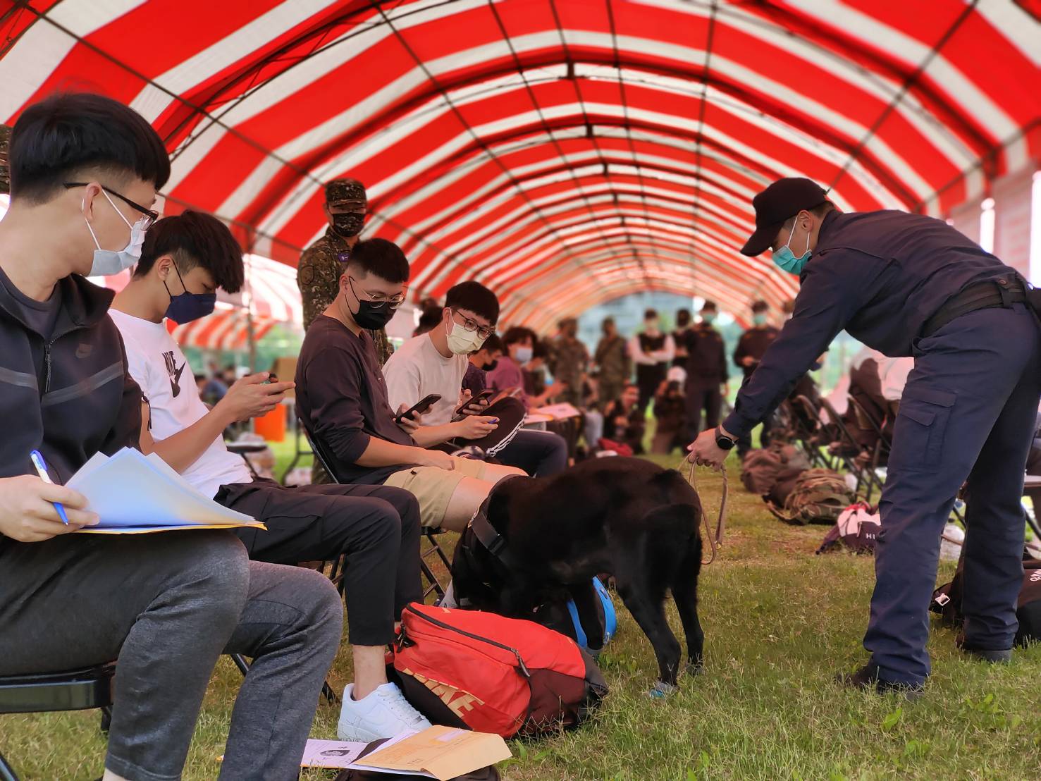 臺中憲兵隊緝毒犬分組實施教召員行李安全檢查